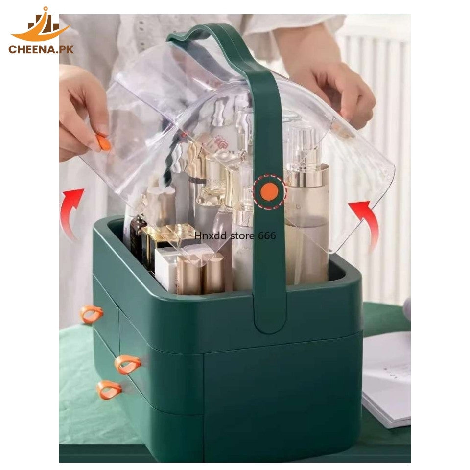 Premium Dustproof Makeup Organizer with Handle & Drawers – Portable Cosmetic Storage Box | cheena.pk