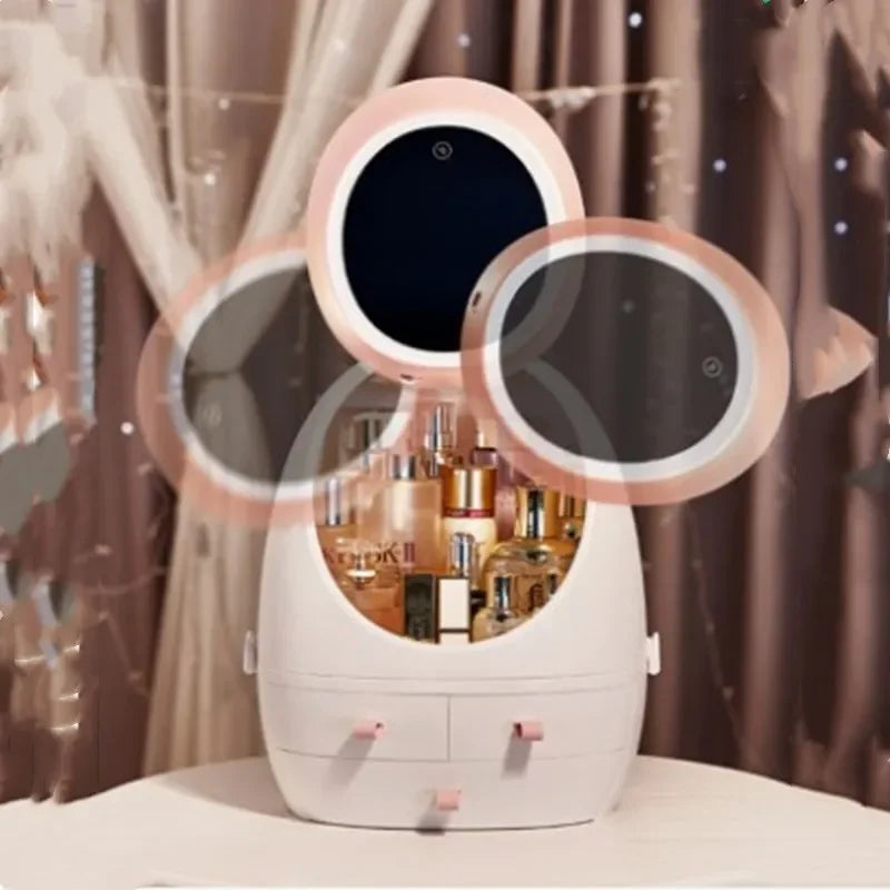 Oval Mirror Cosmetic Storage Organizer | LED Light Makeup Storage Box