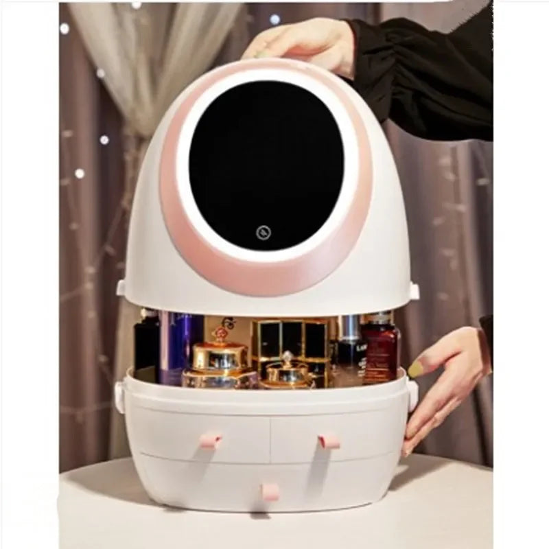 Oval Mirror Cosmetic Storage Organizer | LED Light Makeup Storage Box