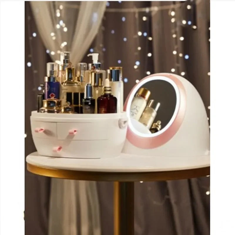 Oval Mirror Cosmetic Storage Organizer | LED Light Makeup Storage Box