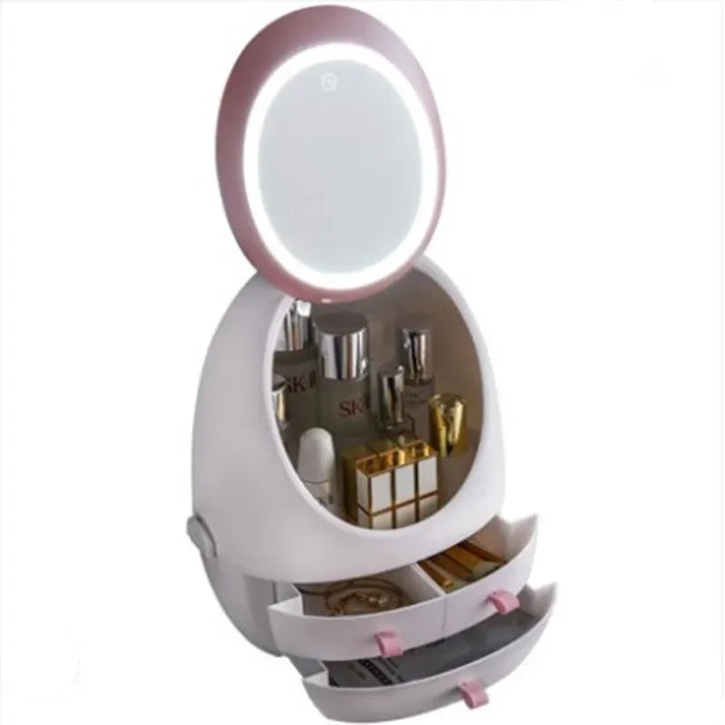 Oval Mirror Cosmetic Storage Organizer | LED Light Makeup Storage Box