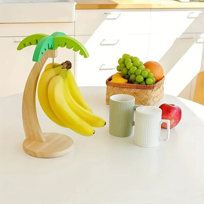 Creative imitation leaf decorative wooden banana tree hanging rack with hooks, fruit storage shelf