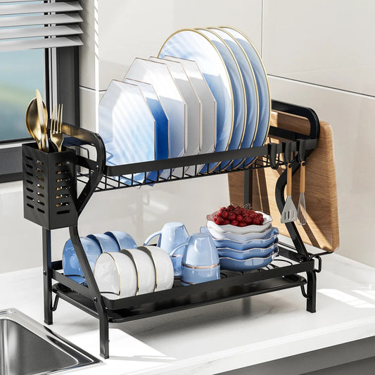 2-3Tier with Drainboard Dish Rack Large Capacity Household Tray Box Basket Saving Space for Small Kitchen Countertop