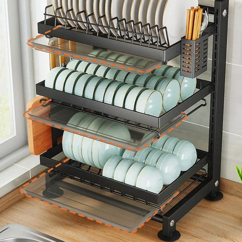 Kitchen Drainage dishes adjustable floor height multi-layer table top multi-functional knife rest chopsticks tube storage rack.