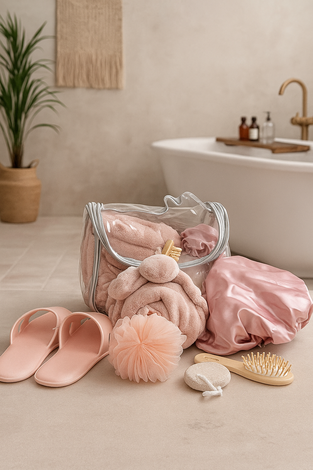 Pink Spa Bath Accessories Set with Clear Travel Bag Spa Accessories