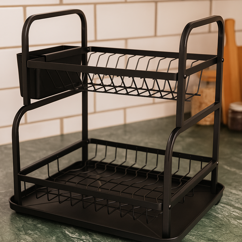 2-Tier Dish Drying Rack with Drainboard Large Rust-Proof Kitchen Drainer Set Compact Stainless Steel Utensil Holder