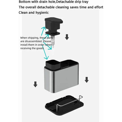 3-in-1 Kitchen Stainless Steel Tableware Soap Dispenser, Sponge Holder, Sink Organizer Drain Rack, Suitable for Kitchen Sinks