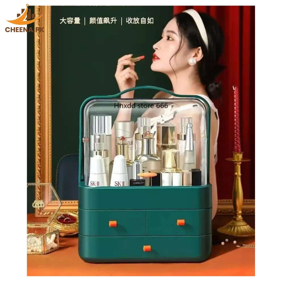 Premium Dustproof Makeup Organizer with Handle & Drawers – Portable Cosmetic Storage Box | cheena.pk