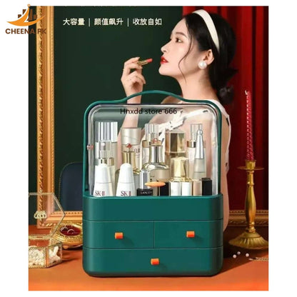 Premium Dustproof Makeup Organizer with Handle & Drawers – Portable Cosmetic Storage Box | cheena.pk