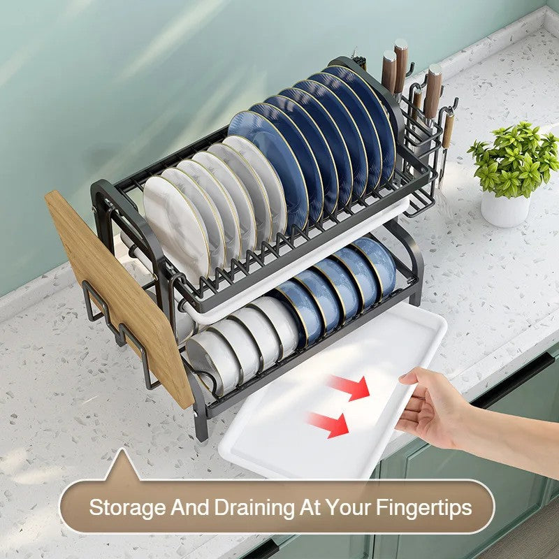 Multi-Functional Kitchen Storage Rack Dish Plate Organizer with Drainage Rack Countertop Utensil Holder for Chopsticks