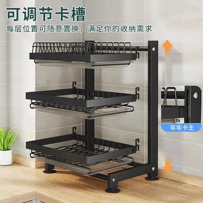 Kitchen Drainage dishes adjustable floor height multi-layer table top multi-functional knife rest chopsticks tube storage rack.