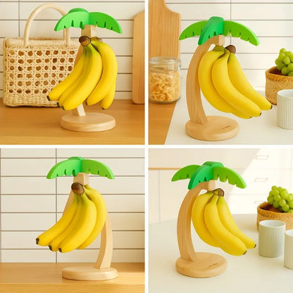 Creative imitation leaf decorative wooden banana tree hanging rack with hooks, fruit storage shelf