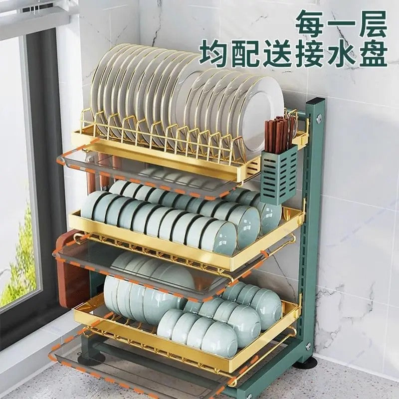 Kitchen Drainage dishes adjustable floor height multi-layer table top multi-functional knife rest chopsticks tube storage rack.