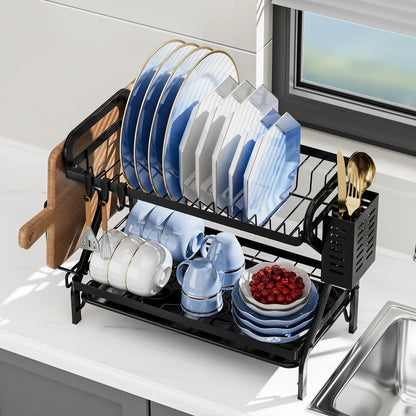 2-3Tier with Drainboard Dish Rack Large Capacity Household Tray Box Basket Saving Space for Small Kitchen Countertop