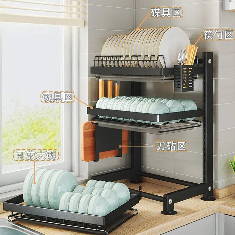 Kitchen Drainage dishes adjustable floor height multi-layer table top multi-functional knife rest chopsticks tube storage rack.