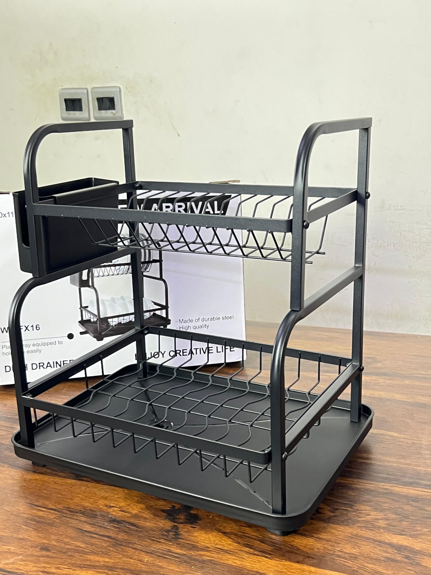 2-Tier Dish Drying Rack with Drainboard Large Rust-Proof Kitchen Drainer Set Compact Stainless Steel Utensil Holder