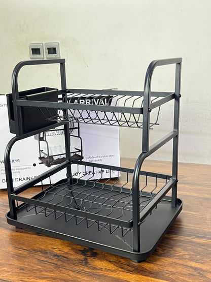 2-Tier Dish Drying Rack with Drainboard Large Rust-Proof Kitchen Drainer Set Compact Stainless Steel Utensil Holder