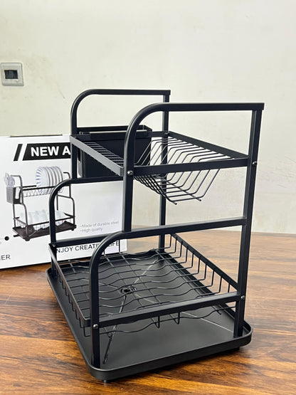 2-Tier Dish Drying Rack with Drainboard Large Rust-Proof Kitchen Drainer Set Compact Stainless Steel Utensil Holder