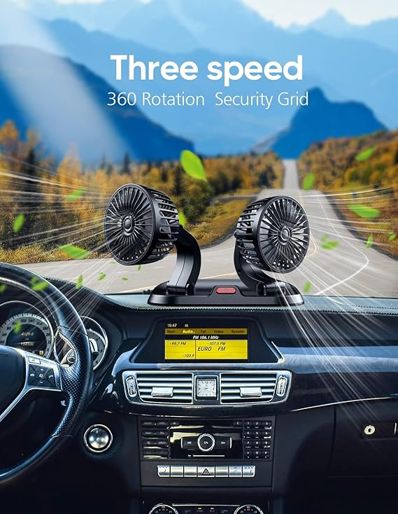 Universal Dual Head Car Fan – 12V Mini Electric 360 Rotatable Cooling Fan | Cheena.PK