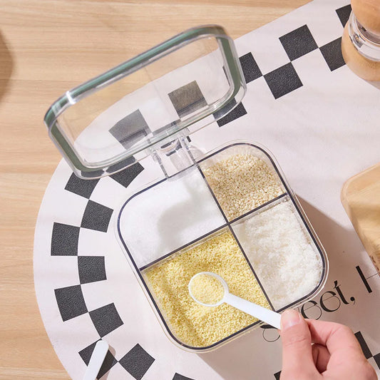 "4-Grid Spice Storage Box – Multi-Section Seasoning Organizer with Spoon