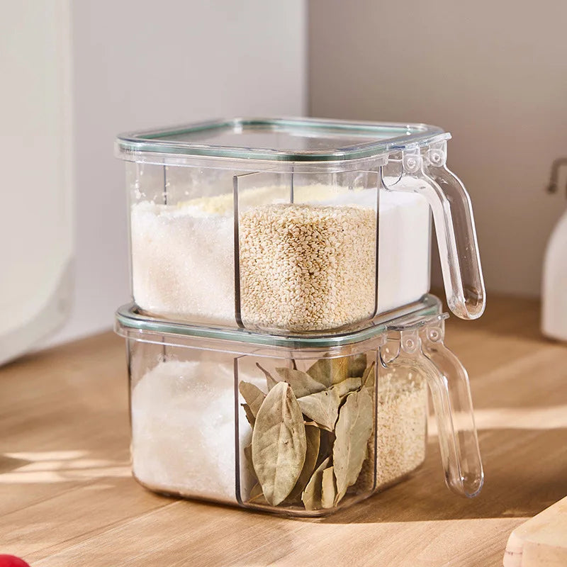 "4-Grid Spice Storage Box – Multi-Section Seasoning Organizer with Spoon
