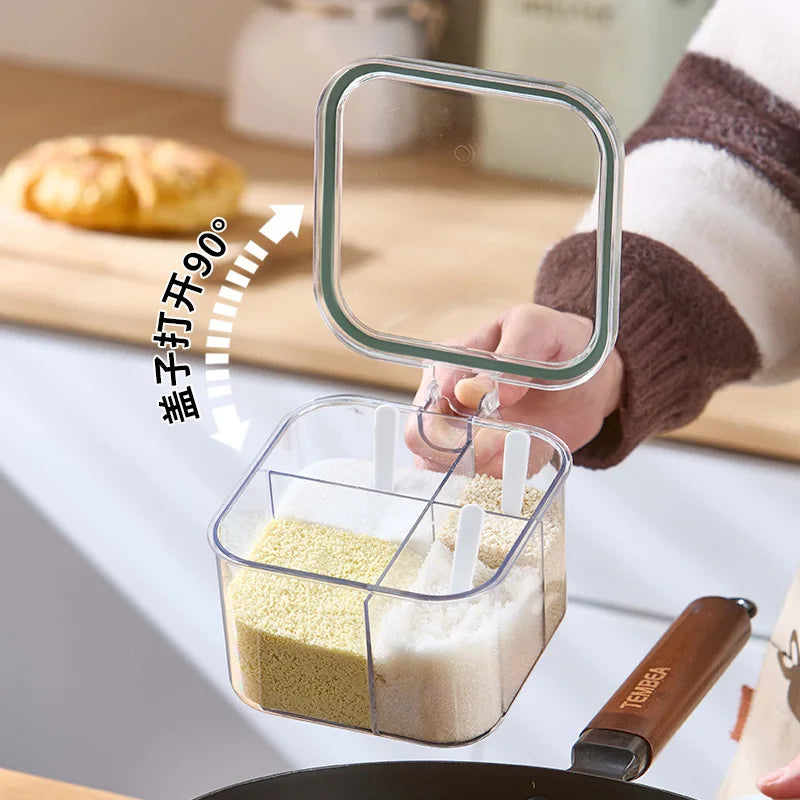 "4-Grid Spice Storage Box – Multi-Section Seasoning Organizer with Spoon