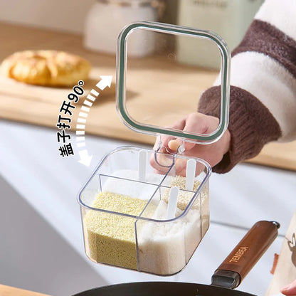 "4-Grid Spice Storage Box – Multi-Section Seasoning Organizer with Spoon